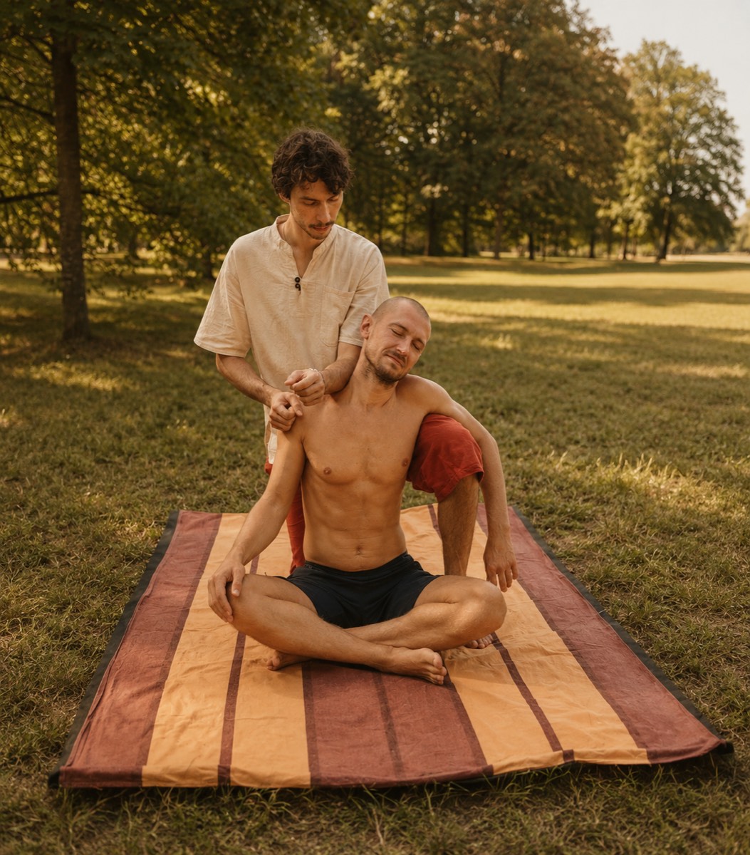 Roman working on the shoulders during a seated Thai massage